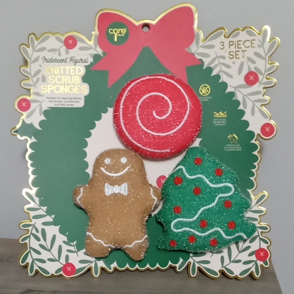 Holiday Knitted Scrub Sponges Set New
